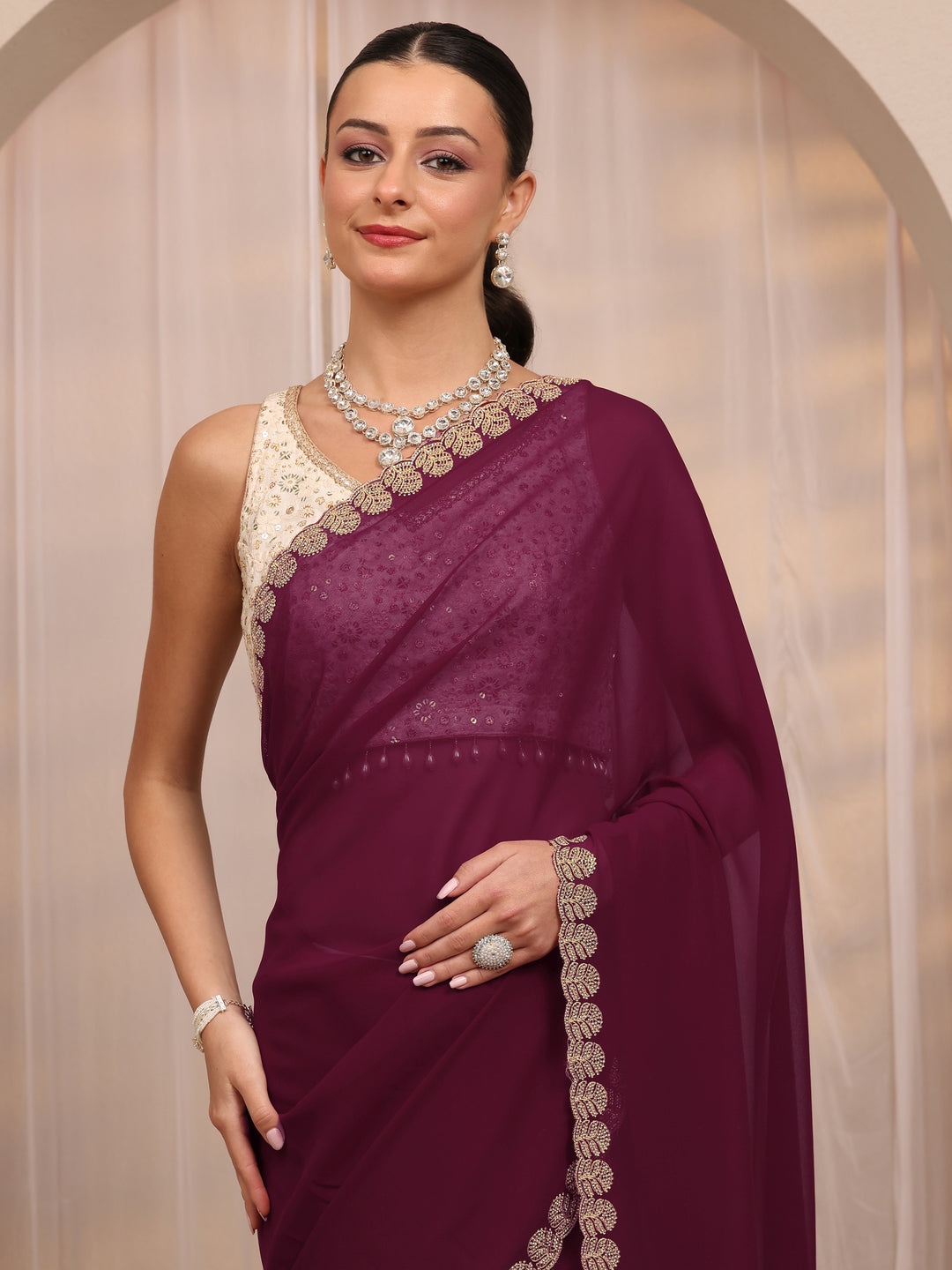  Maroon Embellished Silk Blend Saree 
With Unstitched Blouse Piece 