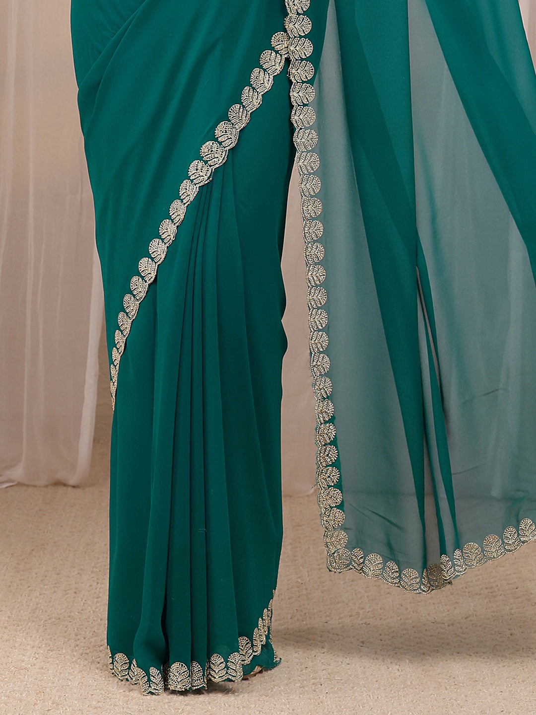  Teal Green Embellished Silk Blend Saree 
With Unstitched Blouse Piece 