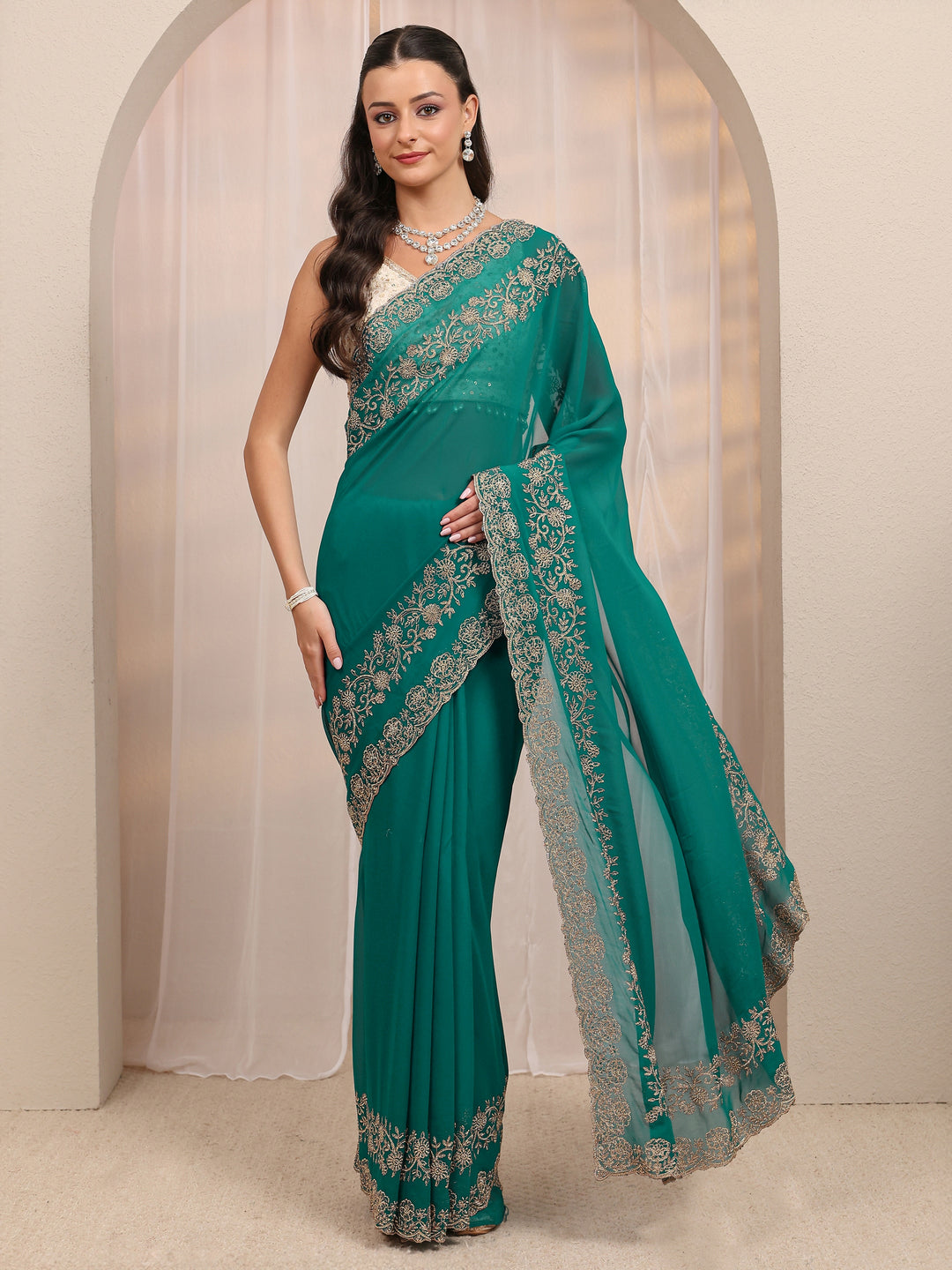  Libas Art Teal Green Embellished Silk Blend Saree With Unstitched Blouse Piece 