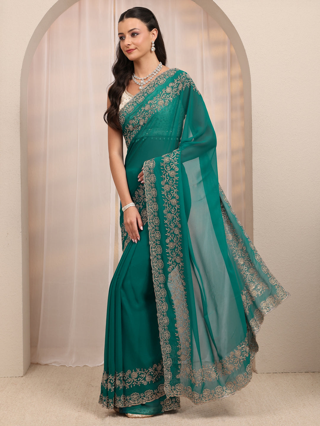  Libas Art Teal Green Embellished Silk Blend Saree With Unstitched Blouse Piece 