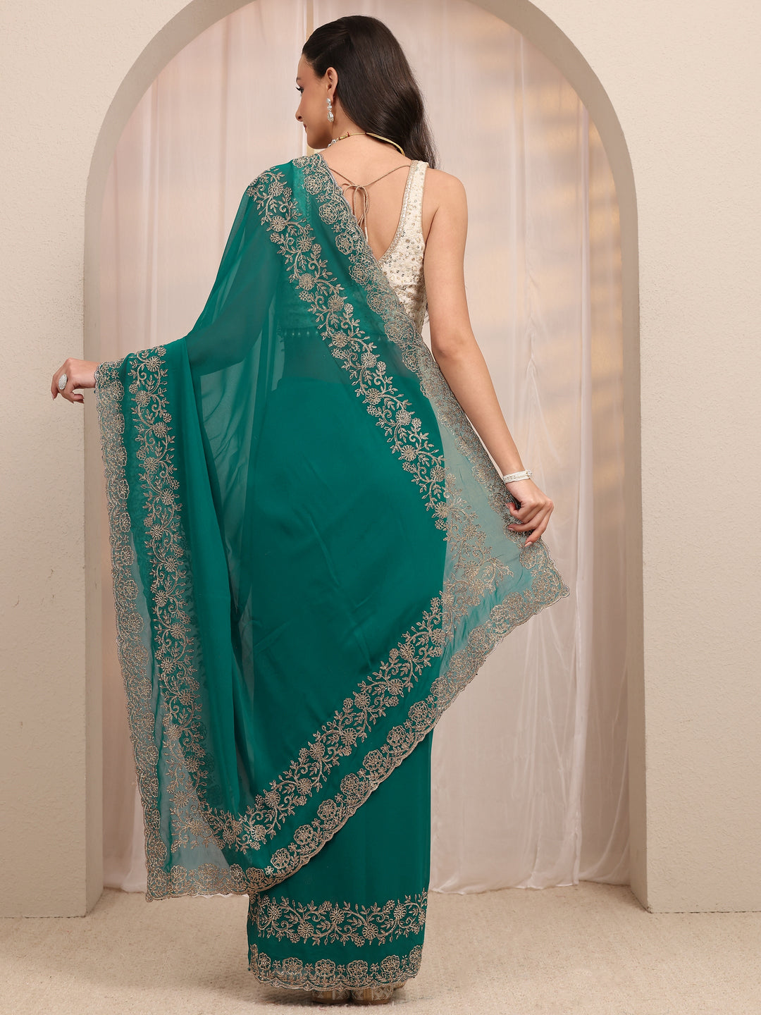  Libas Art Teal Green Embellished Silk Blend Saree With Unstitched Blouse Piece 