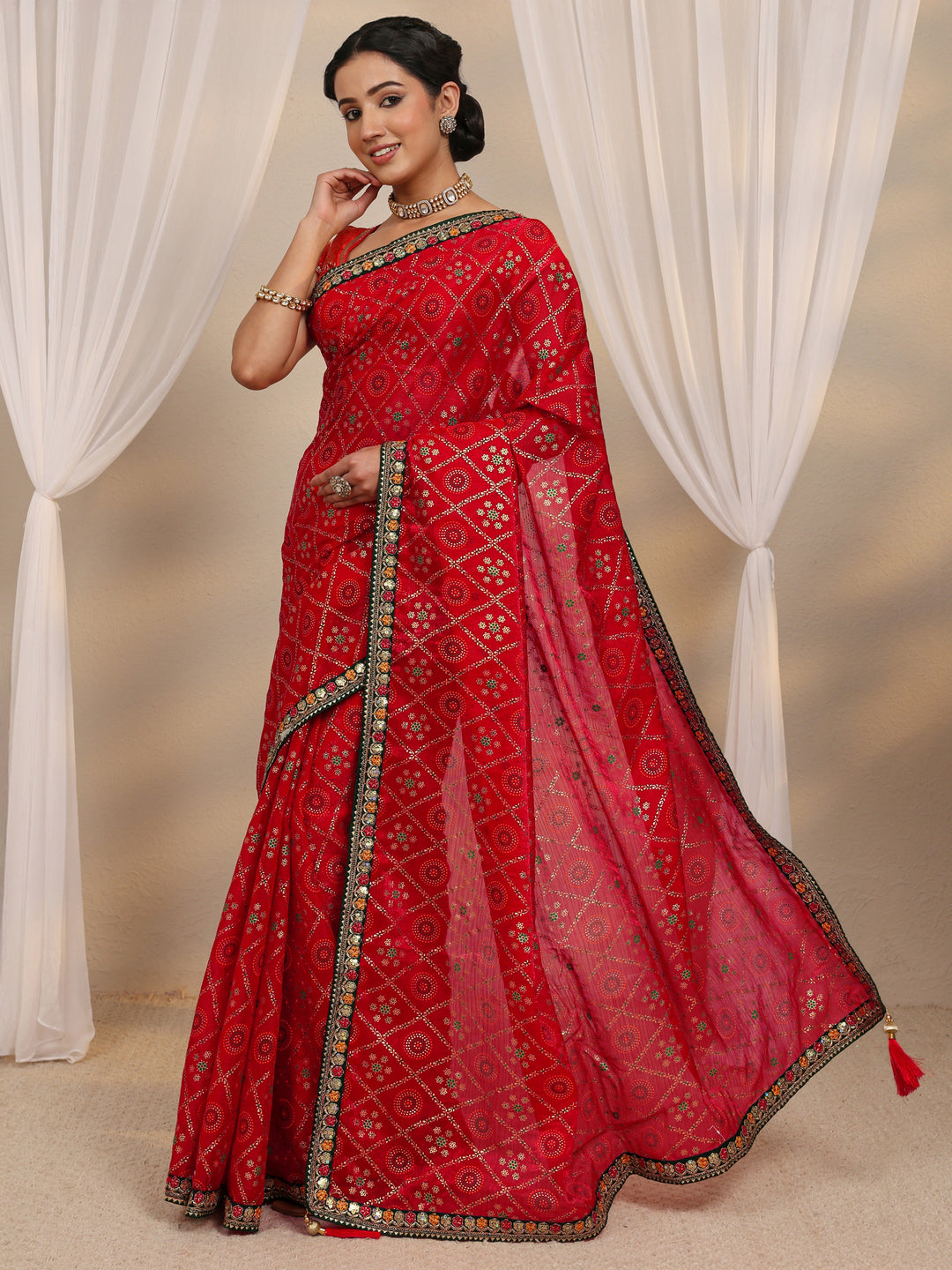  Red Gharchola Silk Blend Saree With Unstitched Blouse Piece 