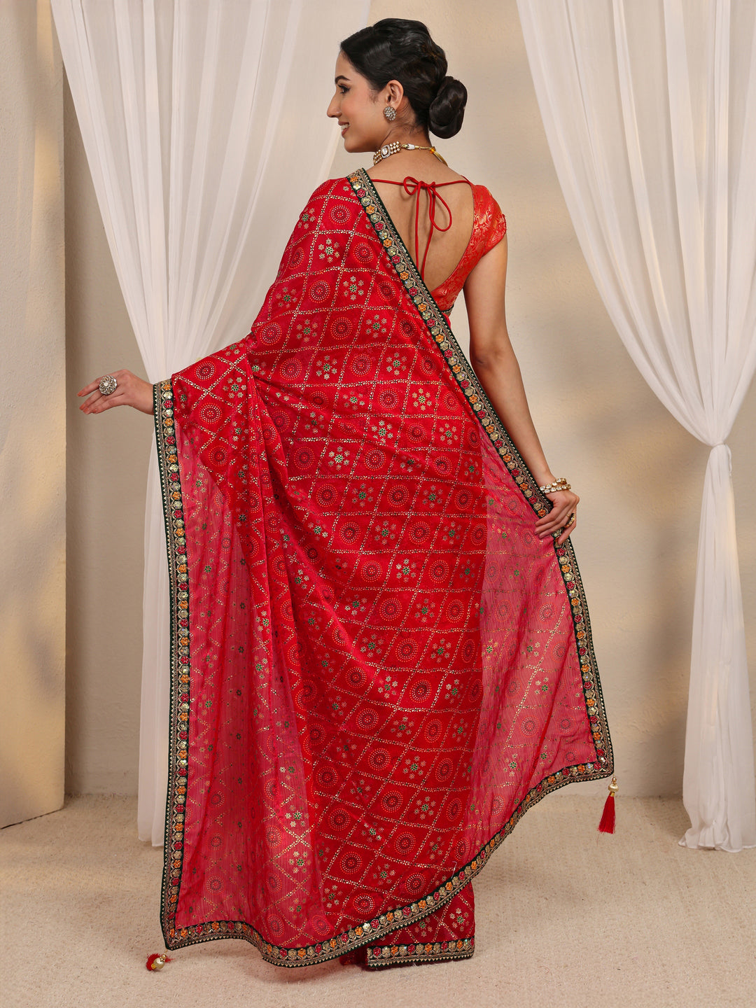  Red Gharchola Silk Blend Saree With Unstitched Blouse Piece 
