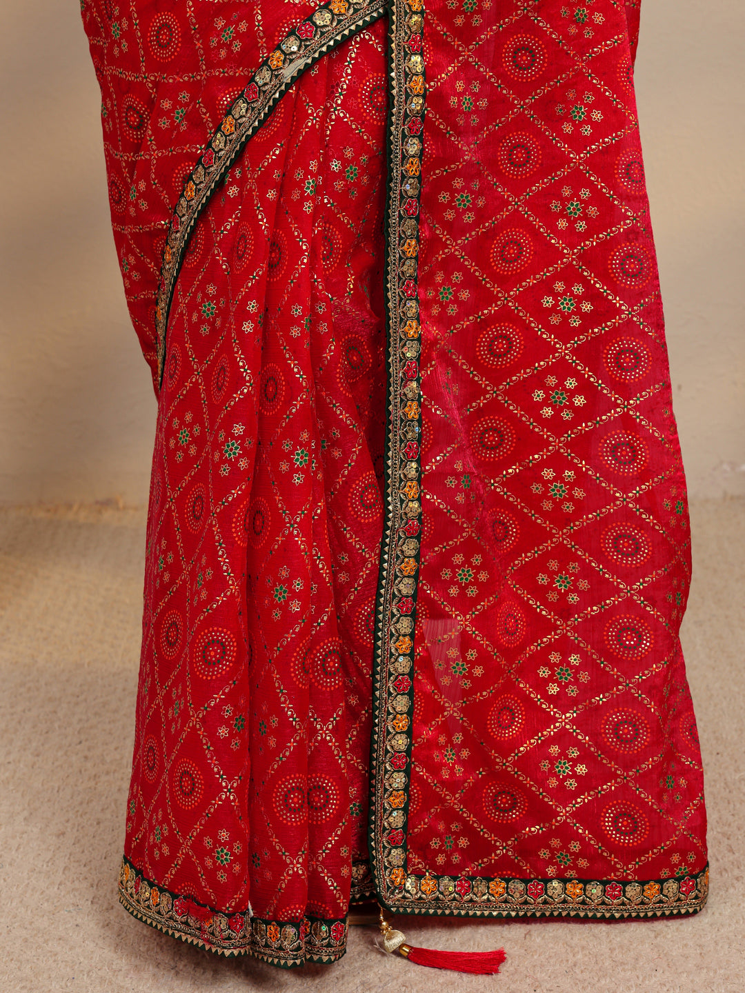  Red Gharchola Silk Blend Saree With Unstitched Blouse Piece 
