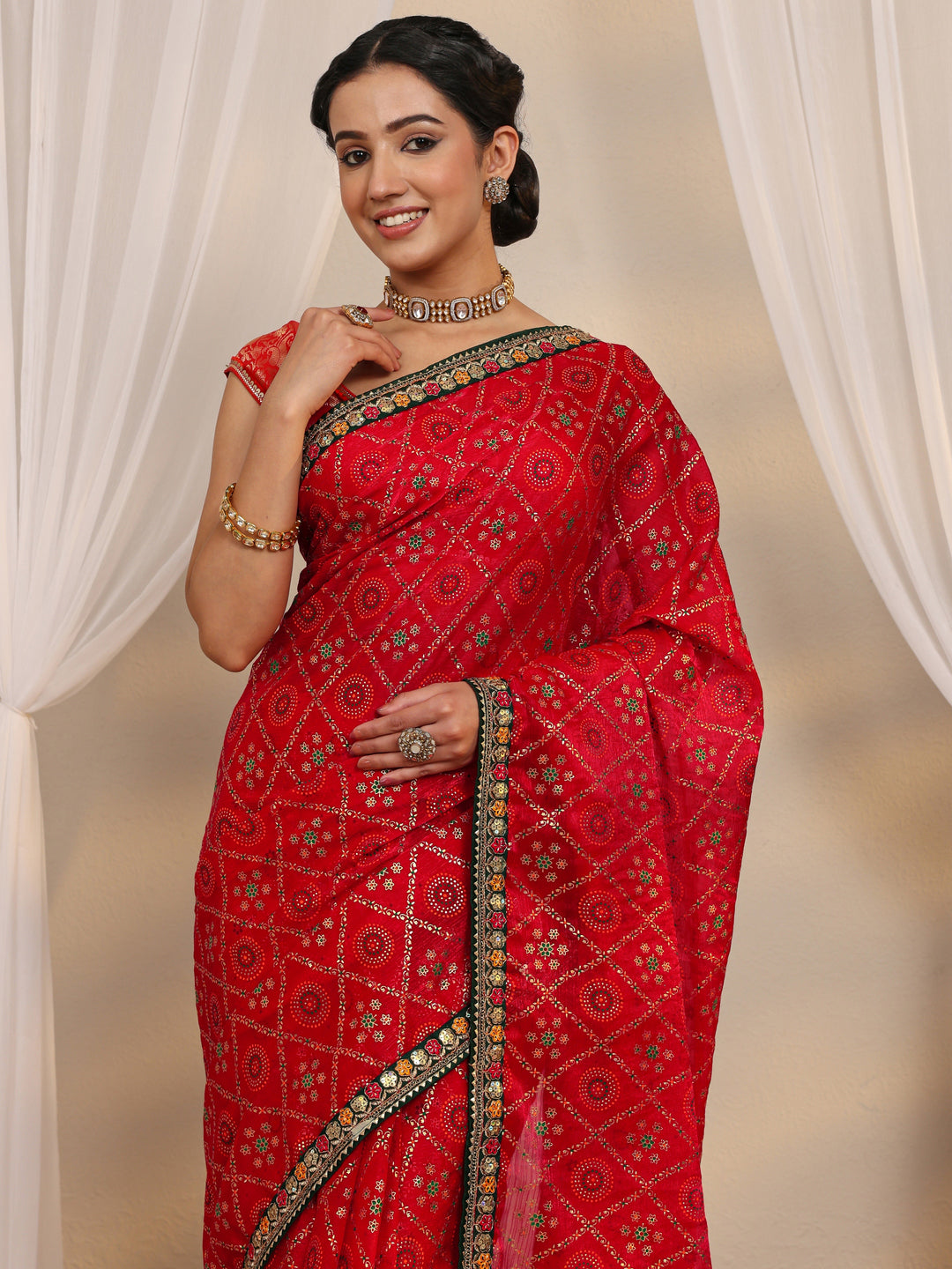  Red Gharchola Silk Blend Saree With Unstitched Blouse Piece 