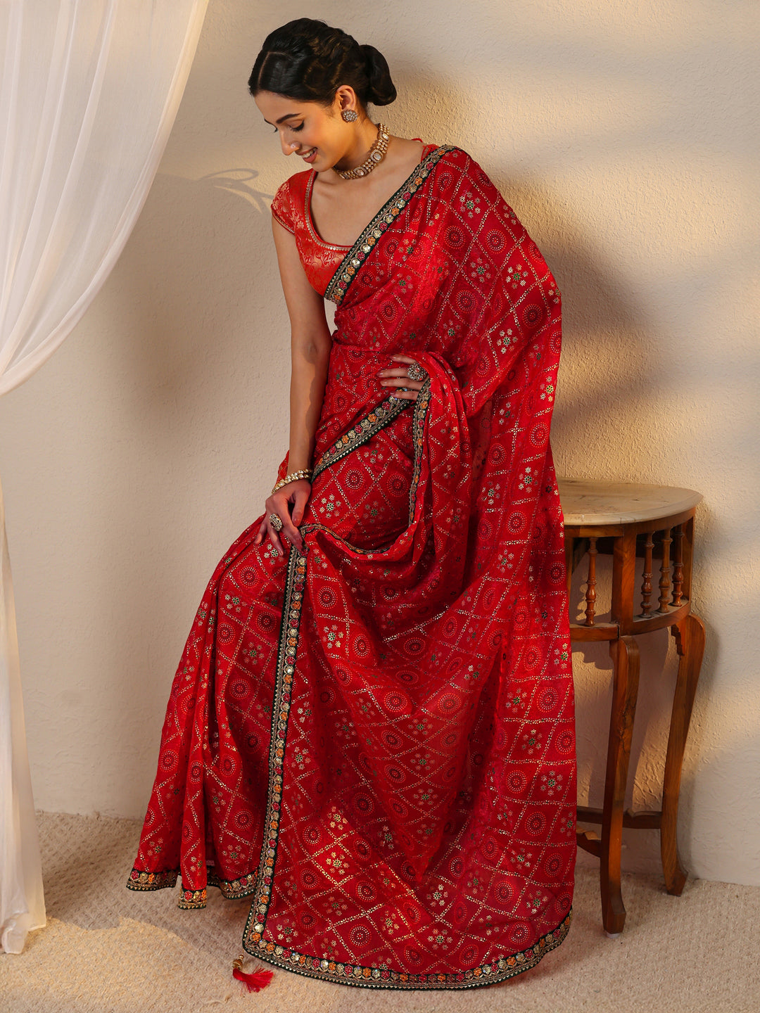 Red Gharchola Silk Blend Saree With Unstitched Blouse Piece