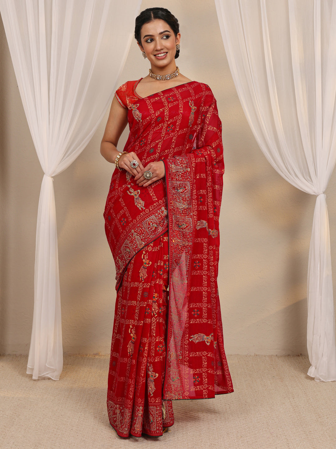  Red Ethnic Printed Silk Blend Saree With Unstitched Blouse Piece 