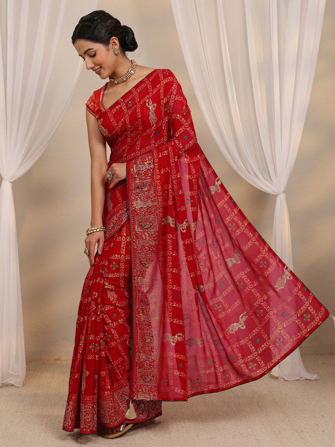  Red Ethnic Printed Silk Blend Saree With Unstitched Blouse Piece 