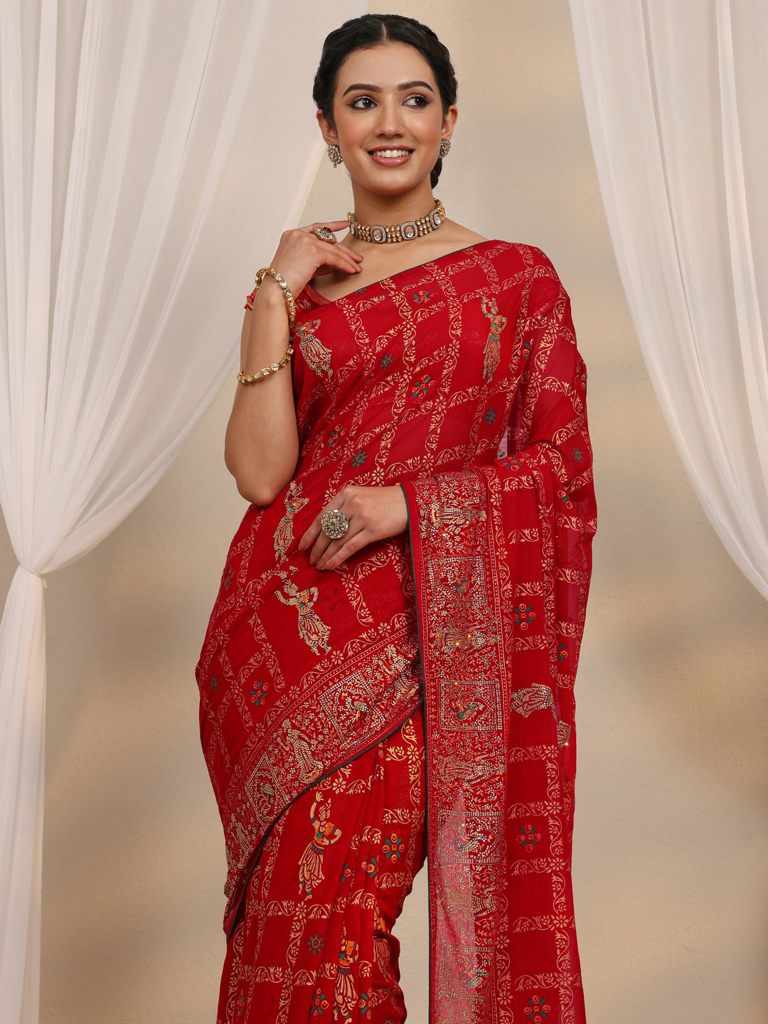  Red Ethnic Printed Silk Blend Saree With Unstitched Blouse Piece 
