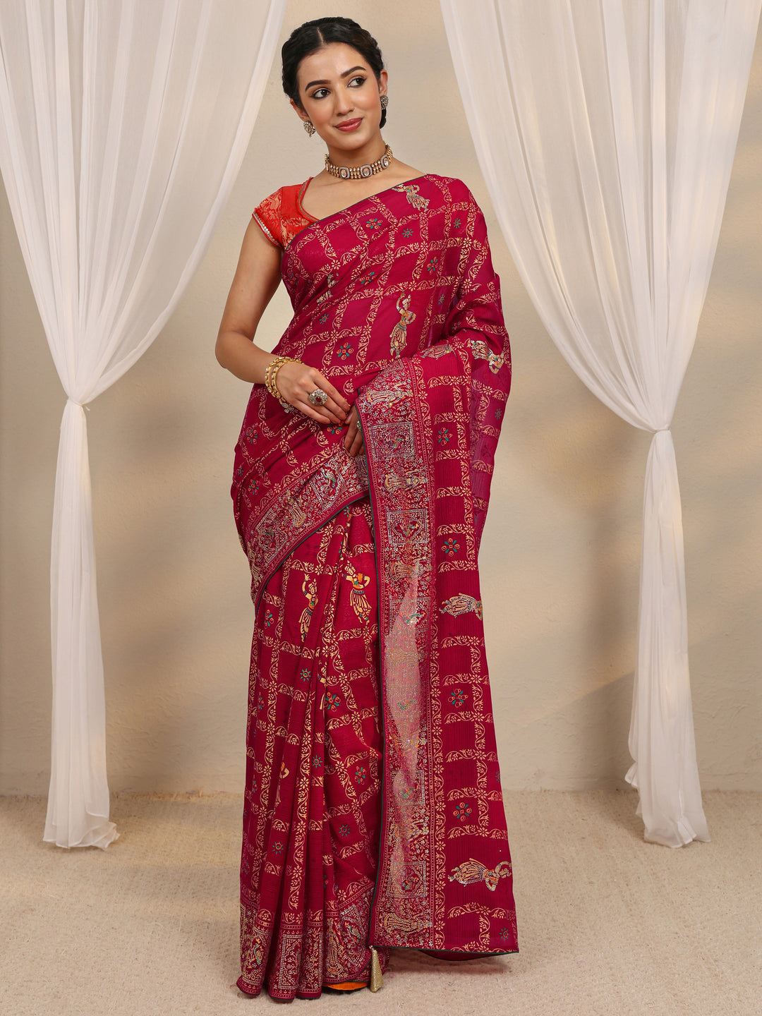  Pink Ethnic Printed Silk Blend Saree With Unstitched Blouse Piece 