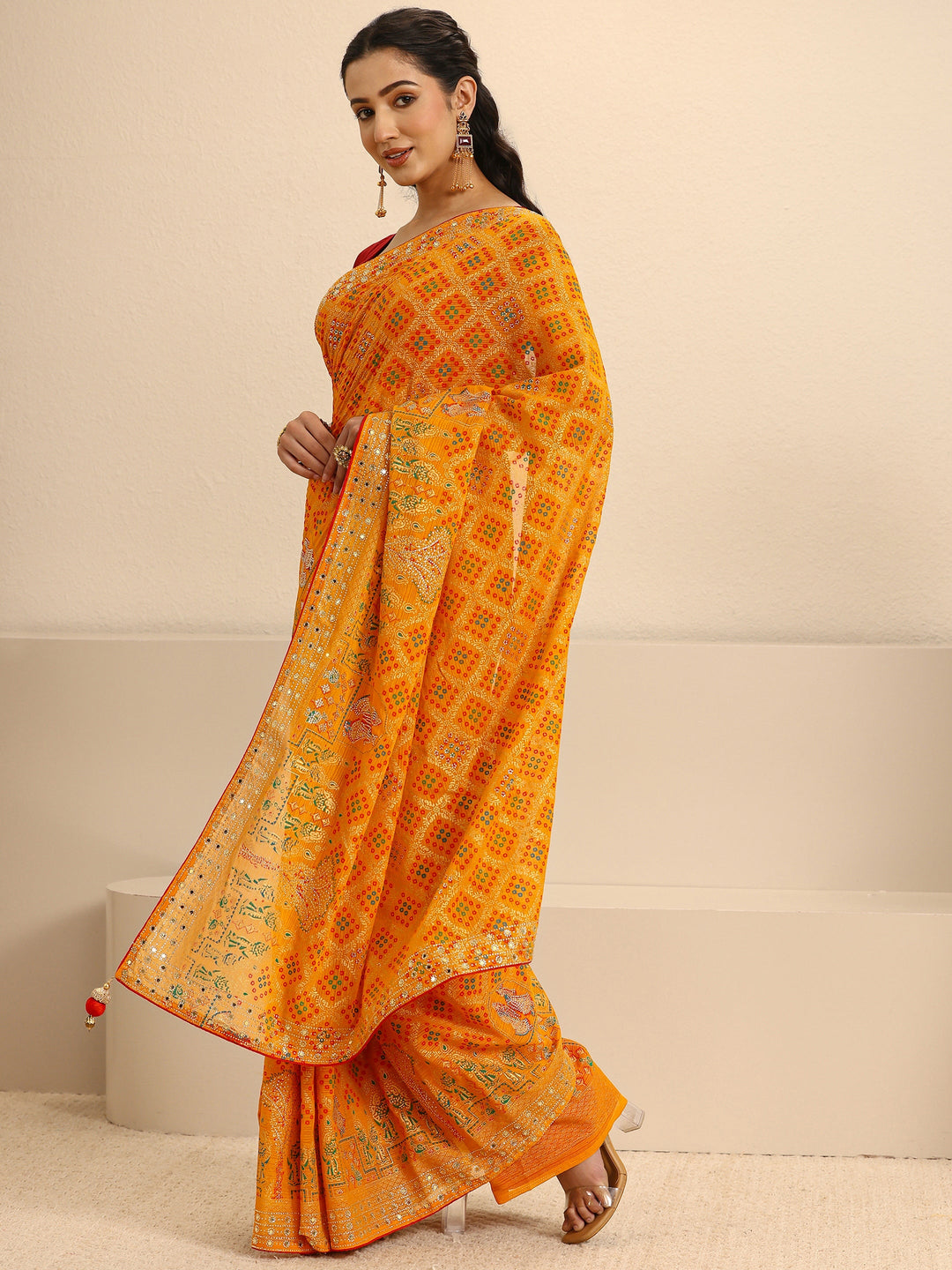  Mustard Bandhani Printed Silk Blend Saree With Unstitched Blouse Piece 