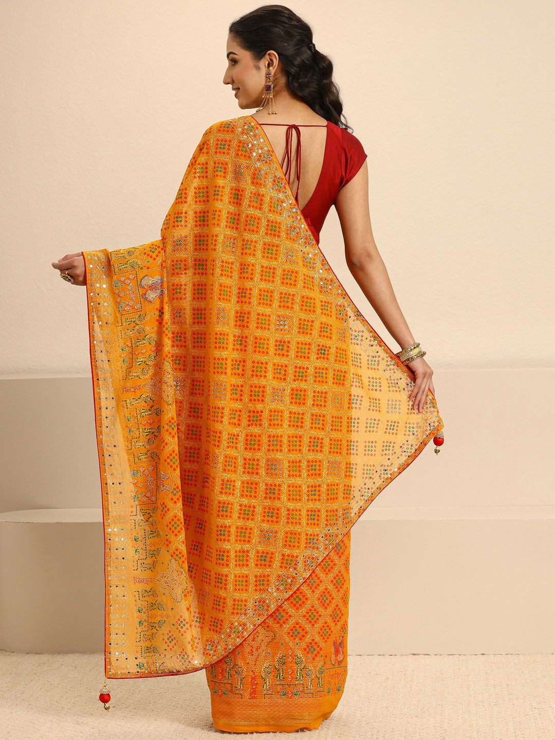  Mustard Bandhani Printed Silk Blend Saree With Unstitched Blouse Piece 