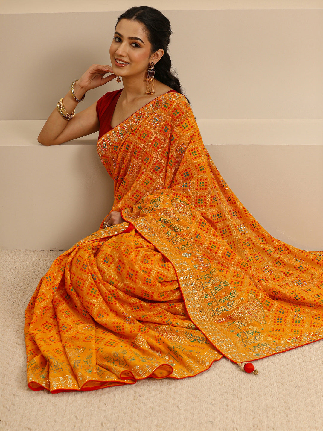  Mustard Bandhani Printed Silk Blend Saree With Unstitched Blouse Piece 