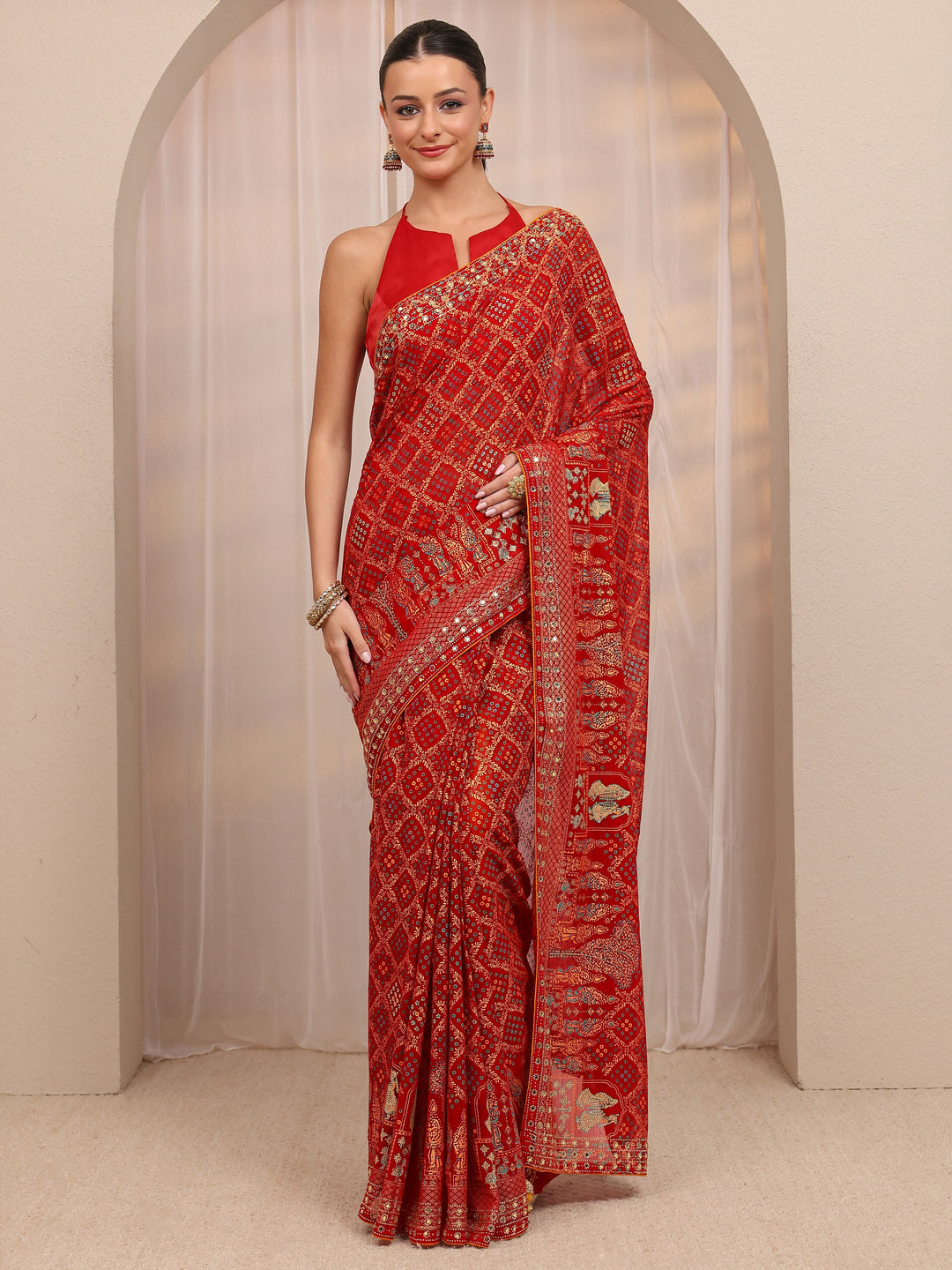 Red Gharchola Silk Blend Saree 
With Unstitched Blouse Piece 