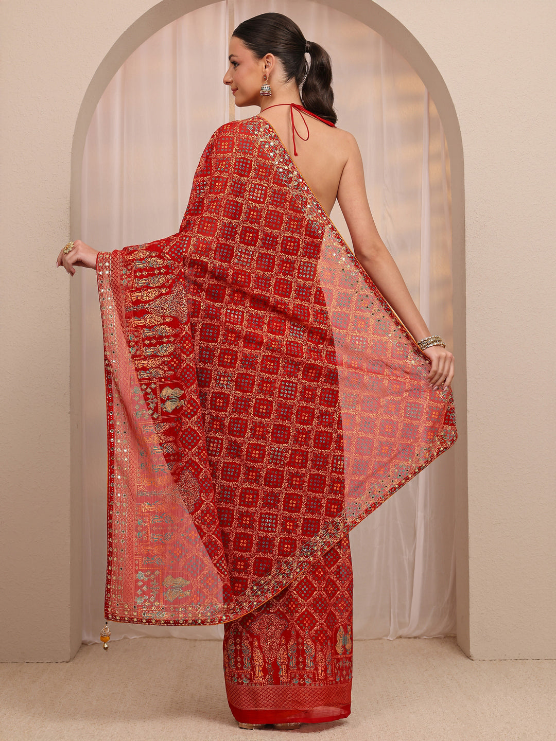  Red Gharchola Silk Blend Saree 
With Unstitched Blouse Piece 