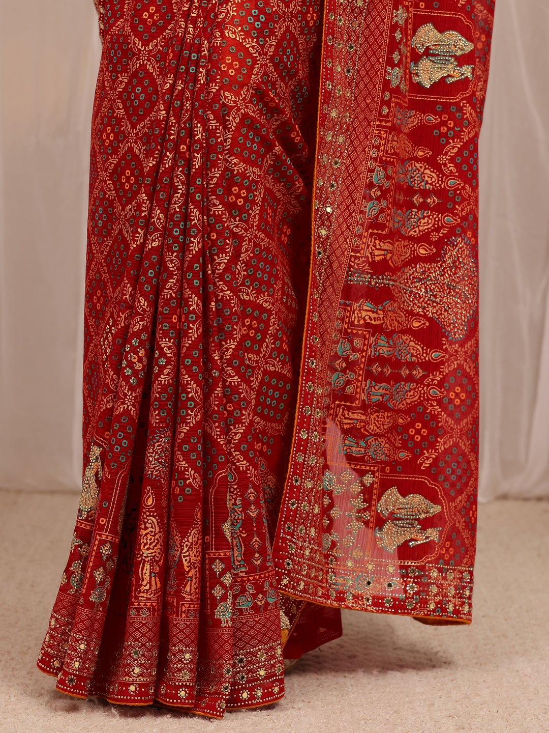  Red Gharchola Silk Blend Saree 
With Unstitched Blouse Piece 