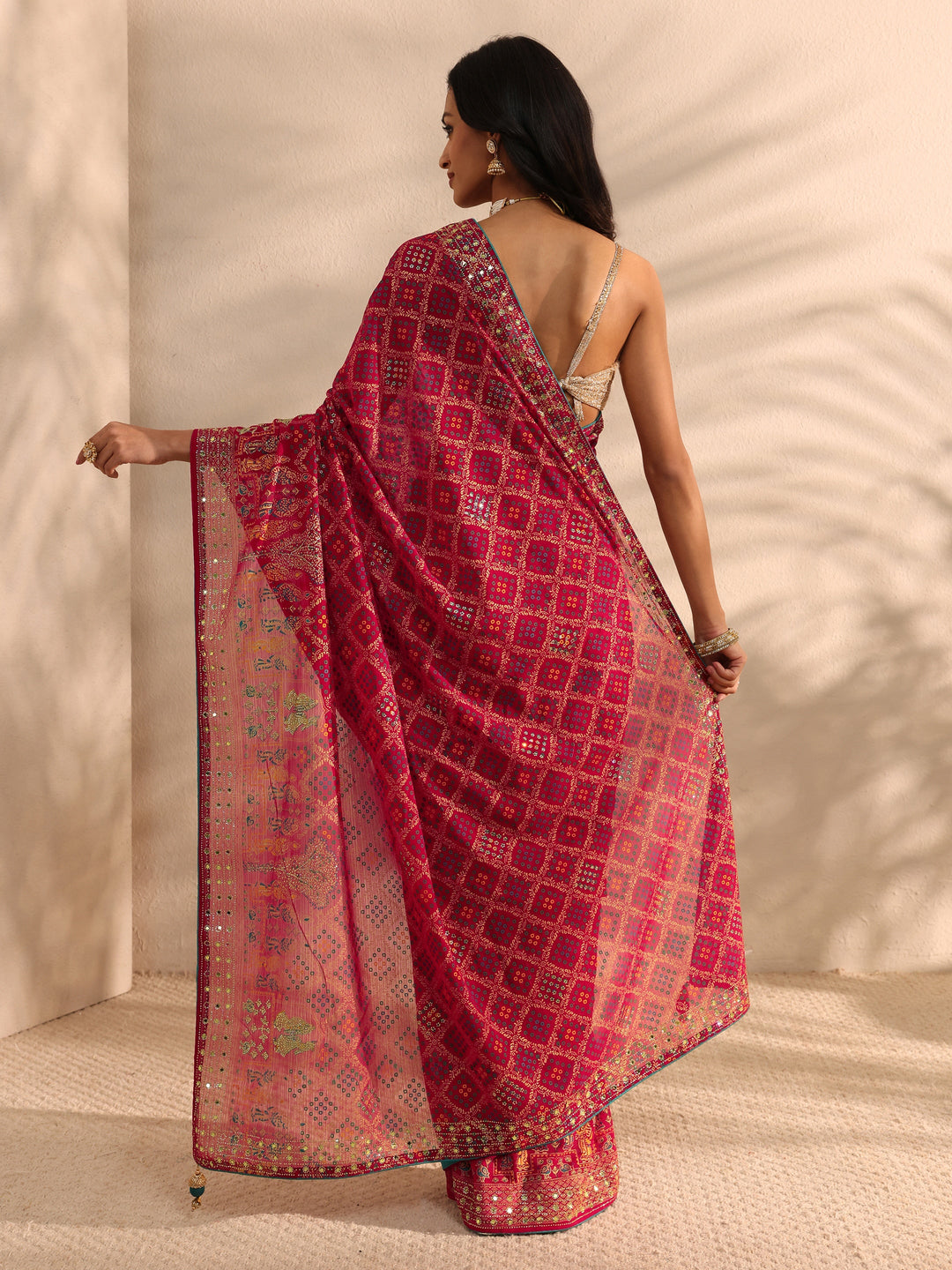 Red Bandhani Printed Silk Blend Saree With Unstitched Blouse Piece 