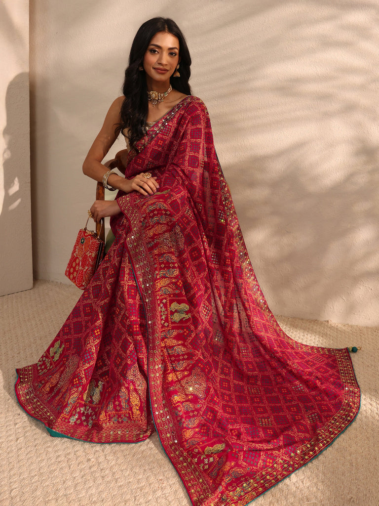 Libas Red Bandhani Printed Silk Blend Saree With Unstitched Blouse Piece