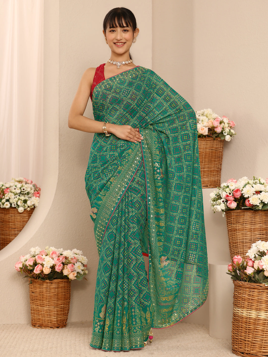  Green Bandhani Printed Silk Blend Saree With Unstitched Blouse Piece 