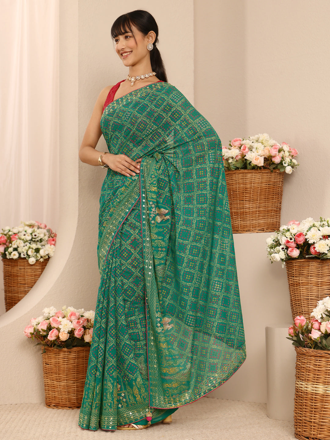  Green Bandhani Printed Silk Blend Saree With Unstitched Blouse Piece 