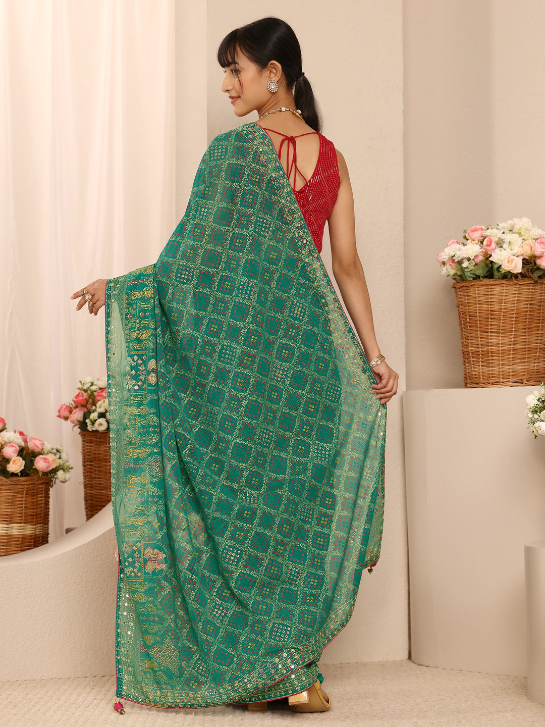  Green Bandhani Printed Silk Blend Saree With Unstitched Blouse Piece 
