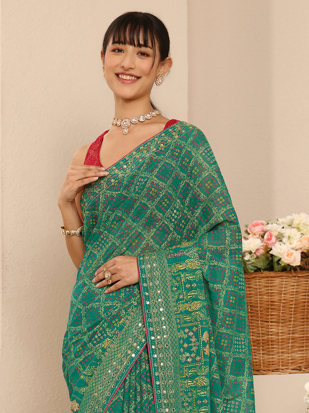  Green Bandhani Printed Silk Blend Saree With Unstitched Blouse Piece 