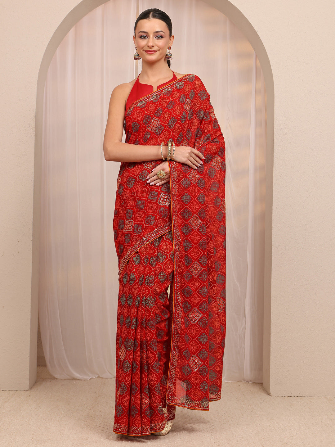  Red Bandhani Printed Silk Blend Saree 
With Unstitched Blouse Piece 