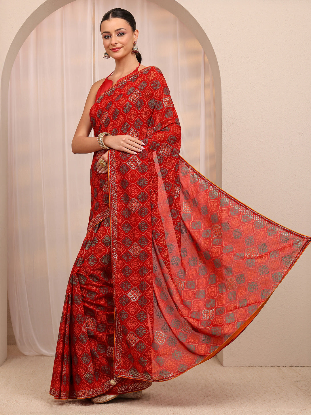  Red Bandhani Printed Silk Blend Saree 
With Unstitched Blouse Piece 