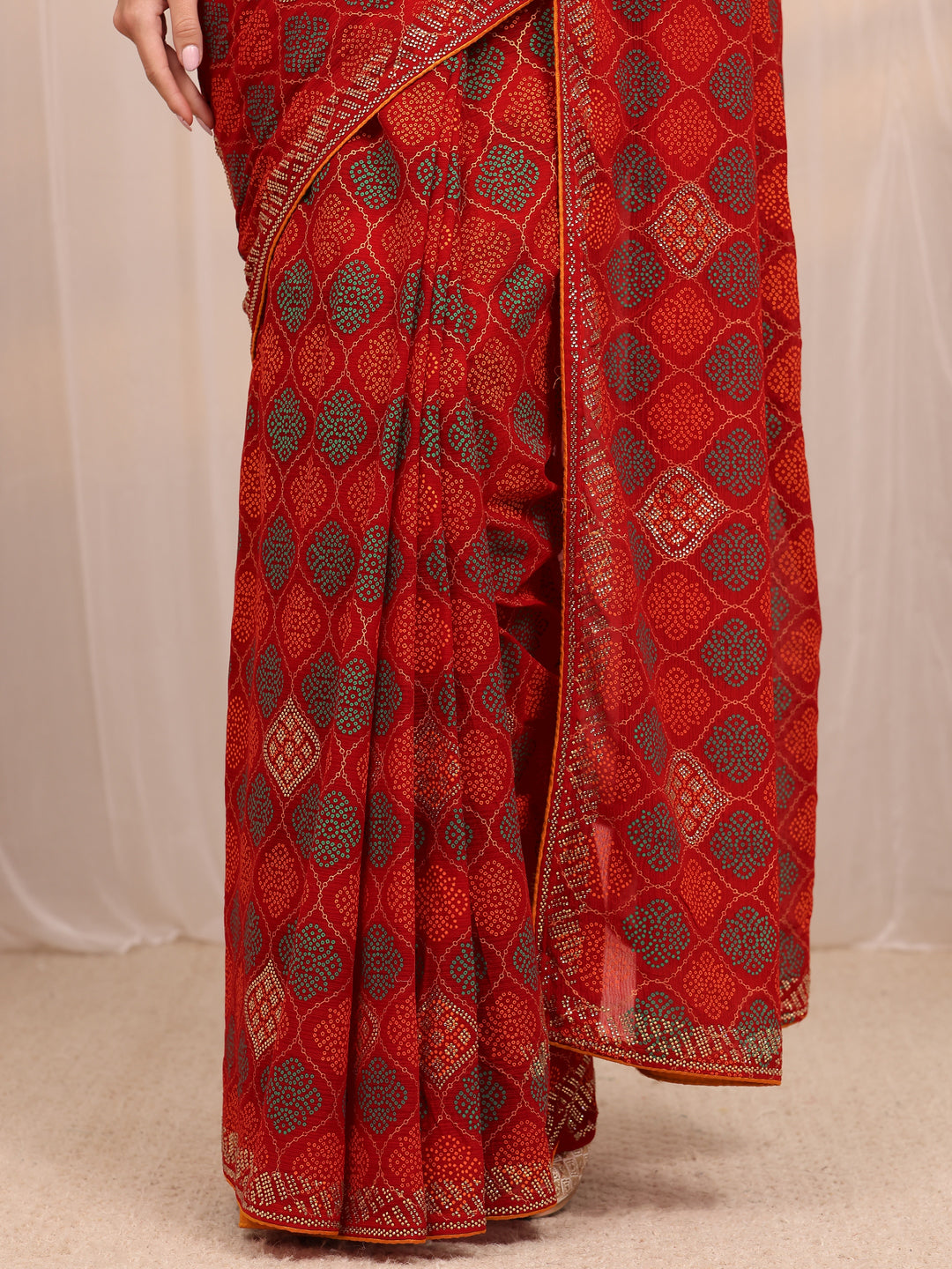  Red Bandhani Printed Silk Blend Saree 
With Unstitched Blouse Piece 
