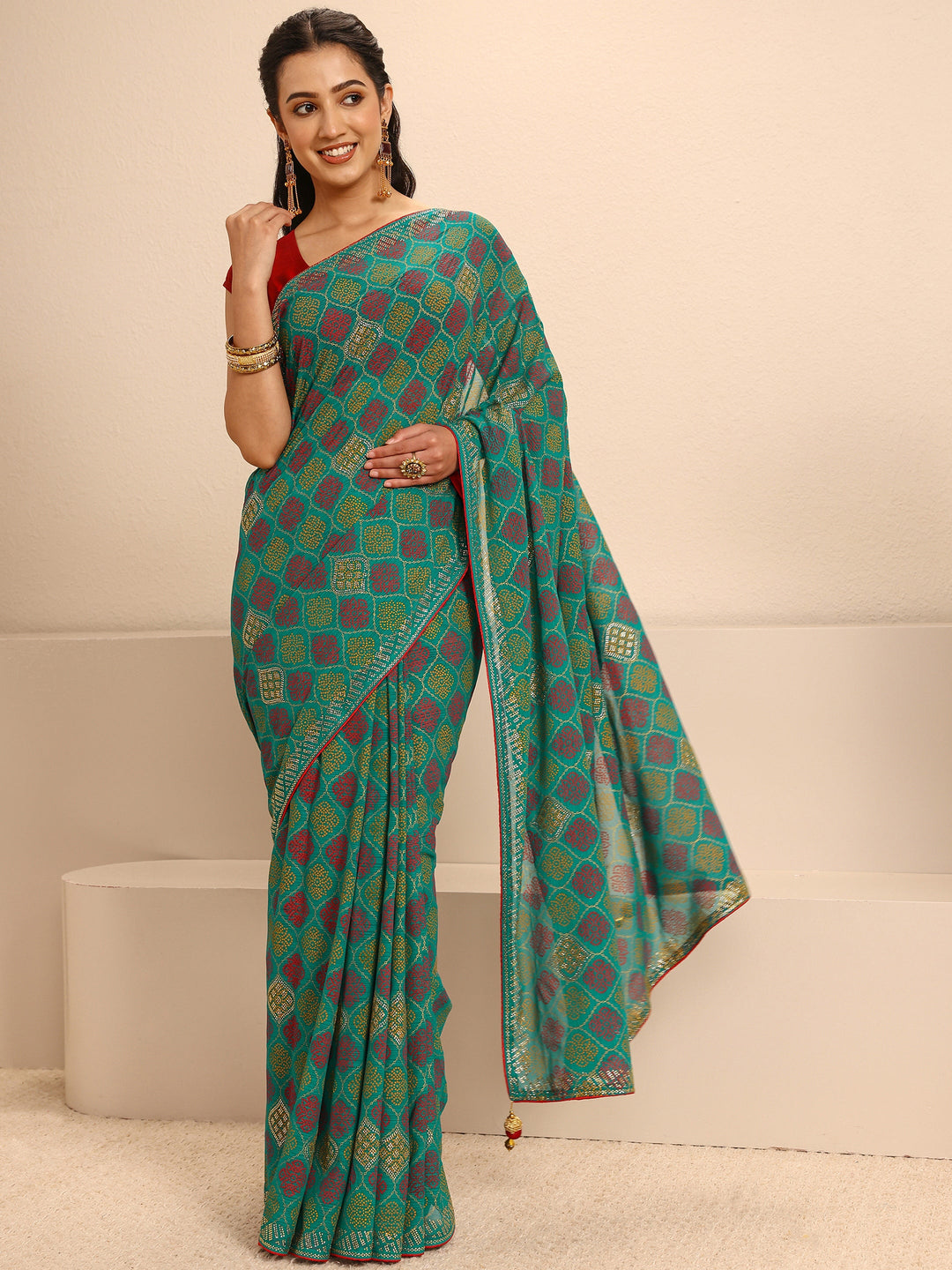  Green Bandhani Printed Silk Blend Saree With Unstitched Blouse Piece 