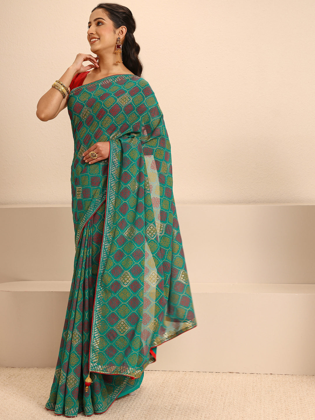  Green Bandhani Printed Silk Blend Saree With Unstitched Blouse Piece 