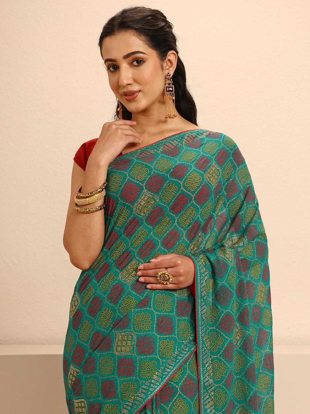  Green Bandhani Printed Silk Blend Saree With Unstitched Blouse Piece 