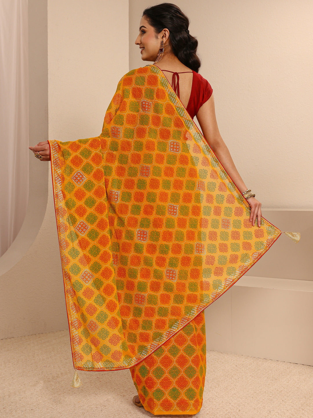  Mustard Bandhani Printed Silk Blend Saree  With Unstitched Blouse Piece 
