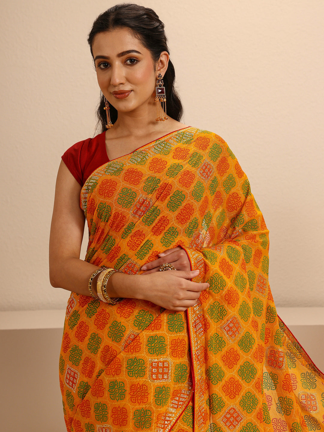  Mustard Bandhani Printed Silk Blend Saree  With Unstitched Blouse Piece 