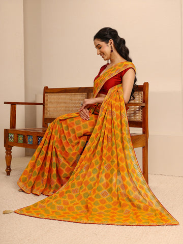 Mustard Bandhani Printed Silk Blend Saree  With Unstitched Blouse Piece