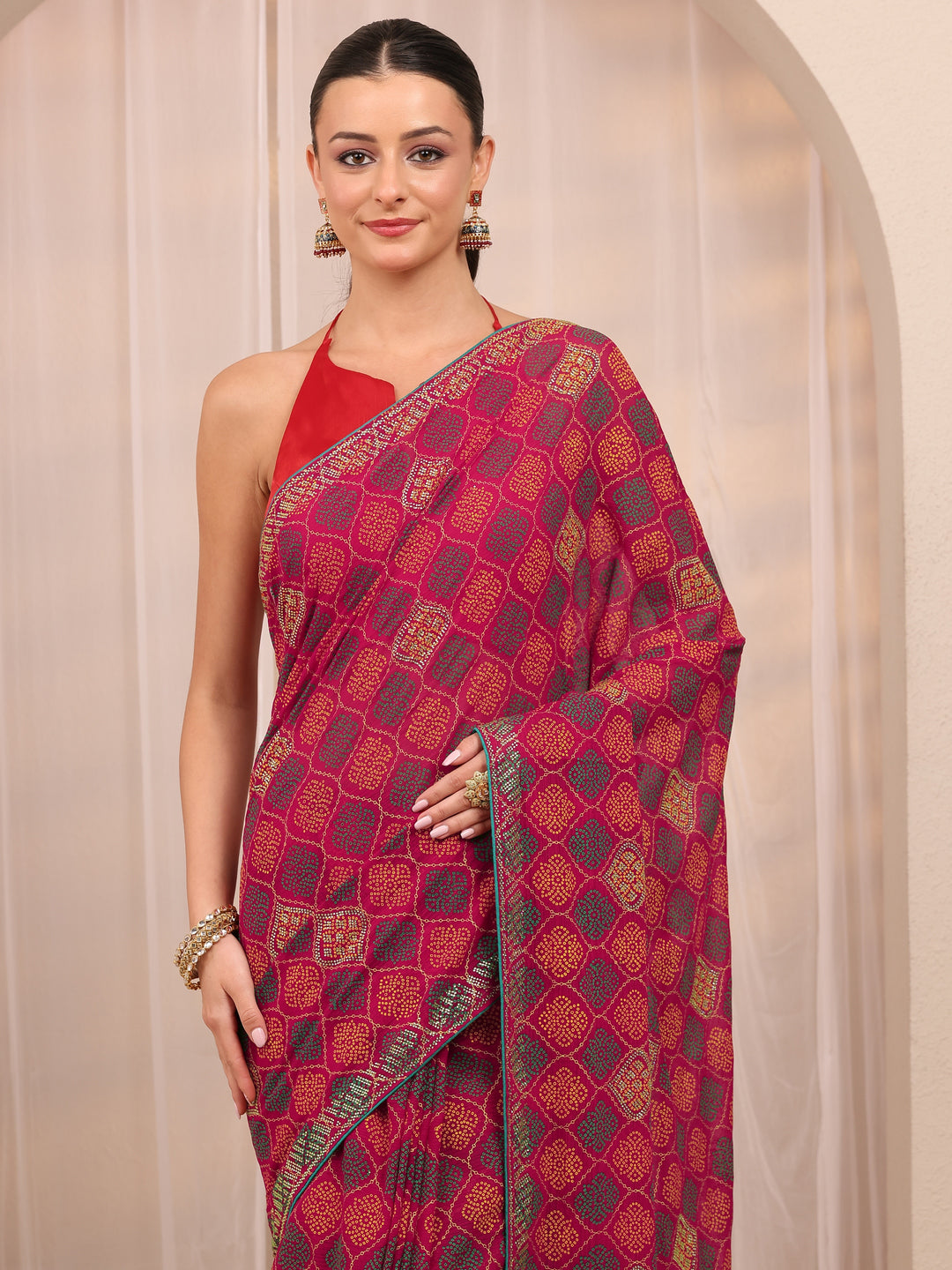  Pink Bandhani Printed Silk Blend Saree 
With Unstitched Blouse Piece 