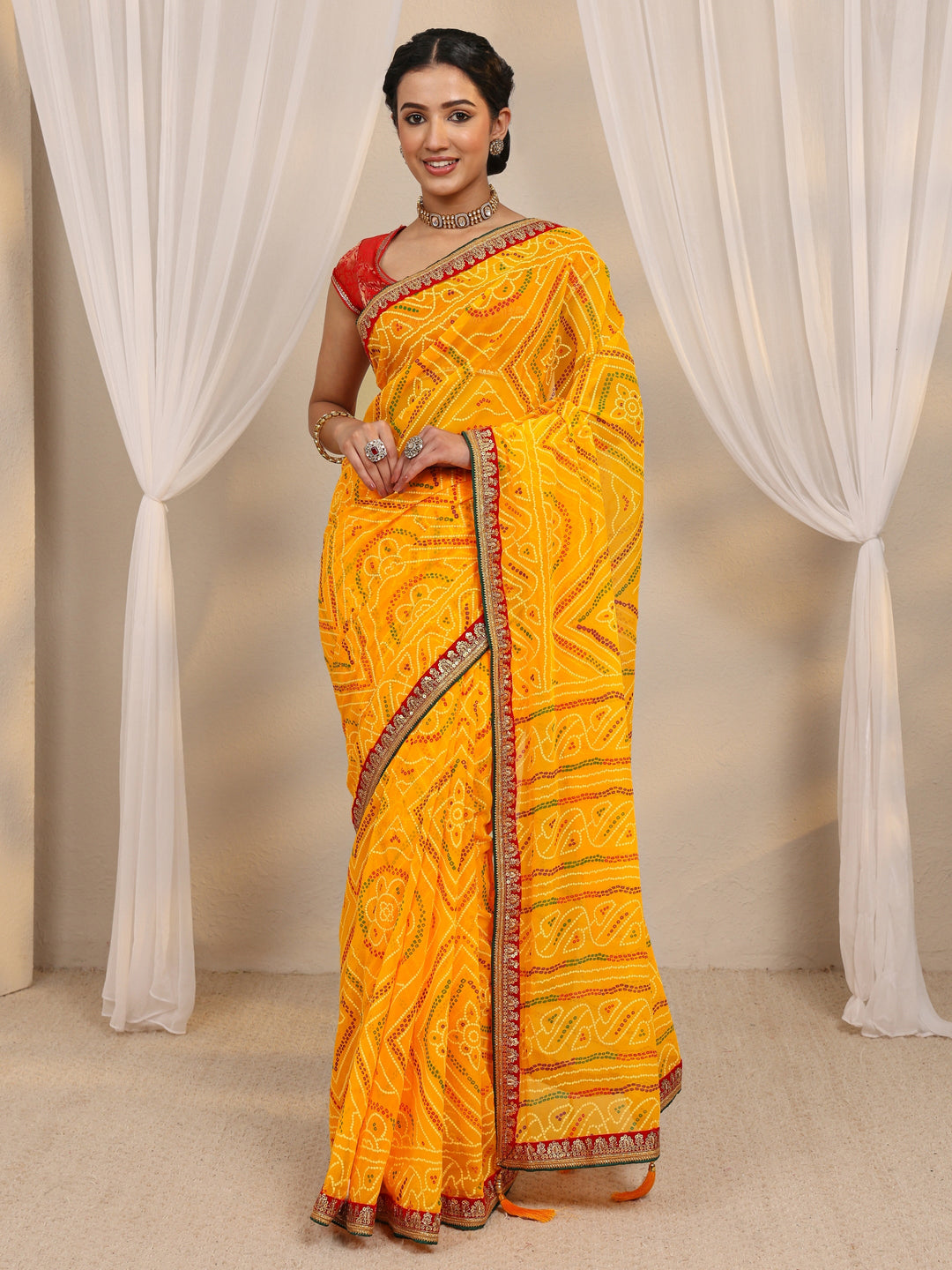  Yellow Bandhani Printed Silk Blend Saree With Unstitched Blouse Piece 