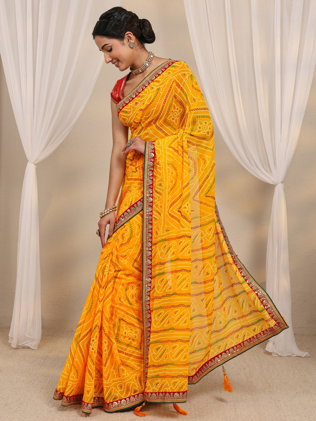  Yellow Bandhani Printed Silk Blend Saree With Unstitched Blouse Piece 