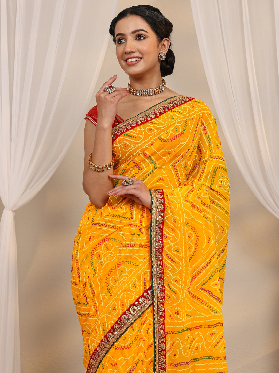  Yellow Bandhani Printed Silk Blend Saree With Unstitched Blouse Piece 