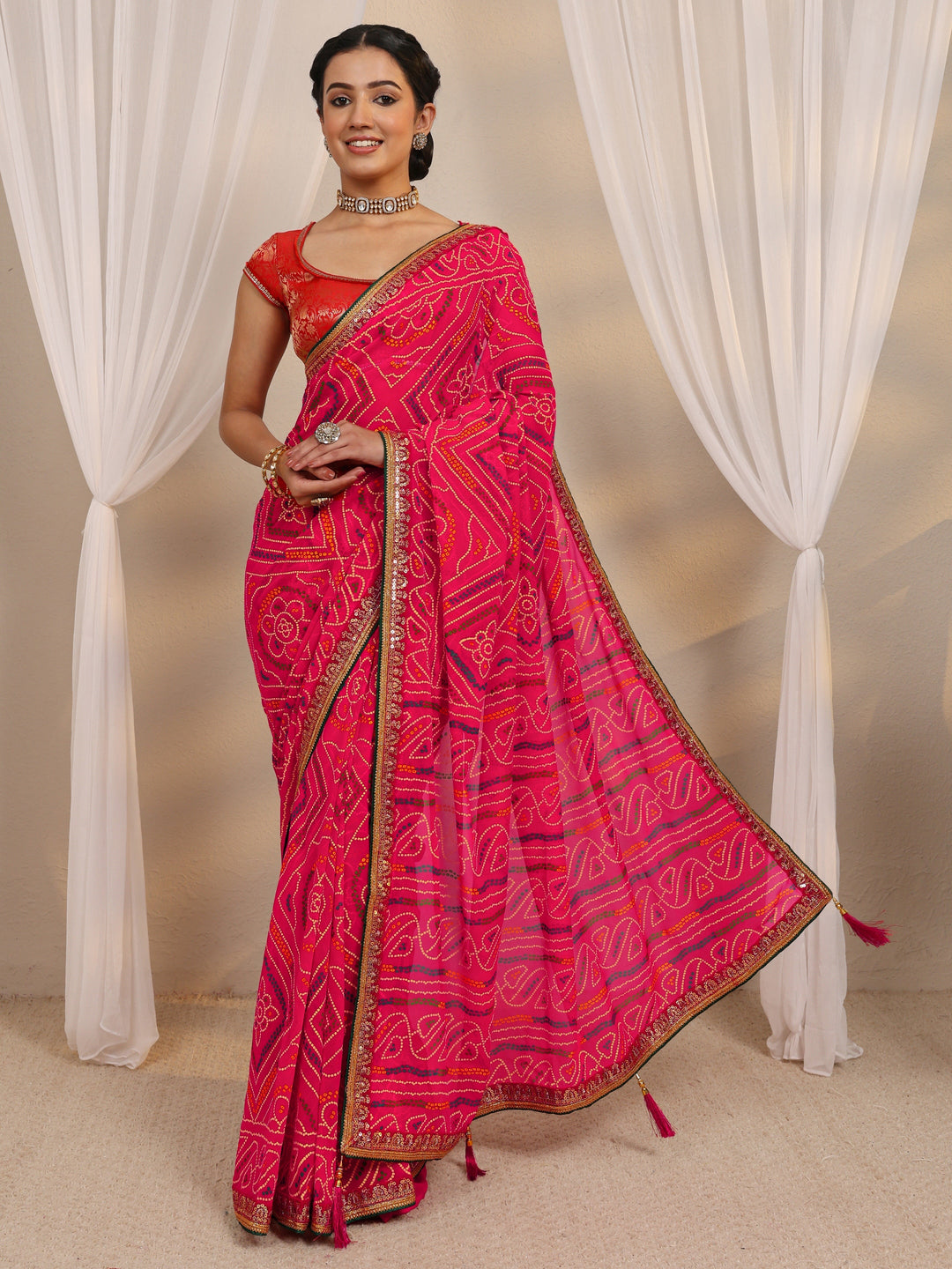  Pink Bandhani Printed Silk Blend Saree With Unstitched Blouse Piece 