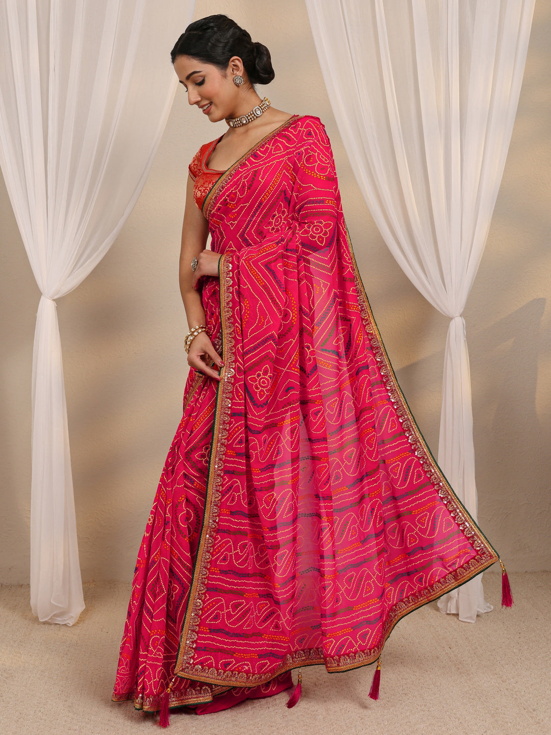  Pink Bandhani Printed Silk Blend Saree With Unstitched Blouse Piece 