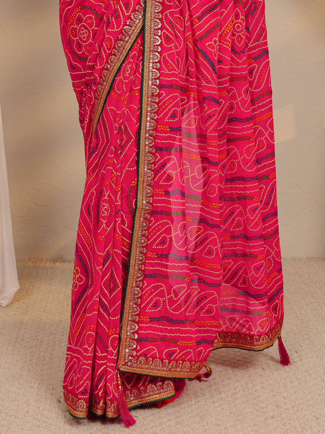  Pink Bandhani Printed Silk Blend Saree With Unstitched Blouse Piece 