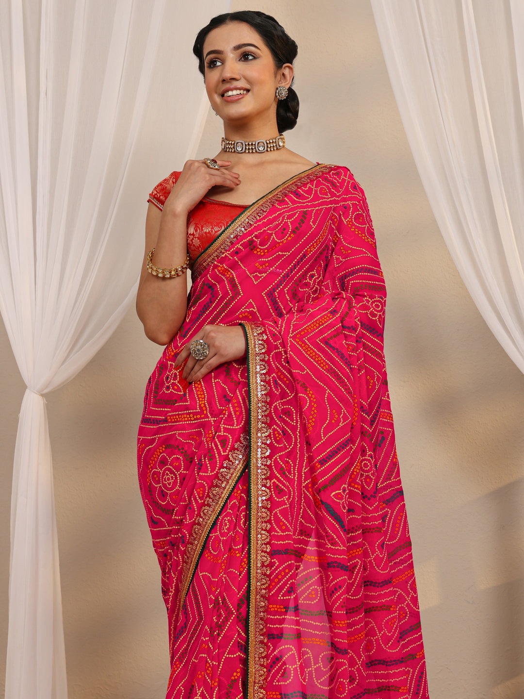  Pink Bandhani Printed Silk Blend Saree With Unstitched Blouse Piece 