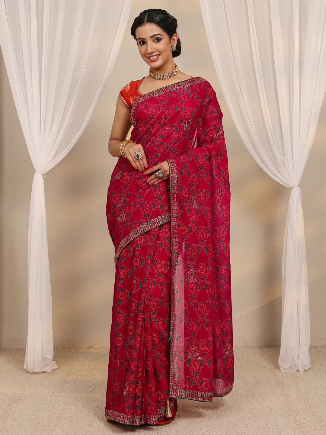  Pink Bandhani Printed Silk Blend Saree With Unstitched Blouse Piece 
