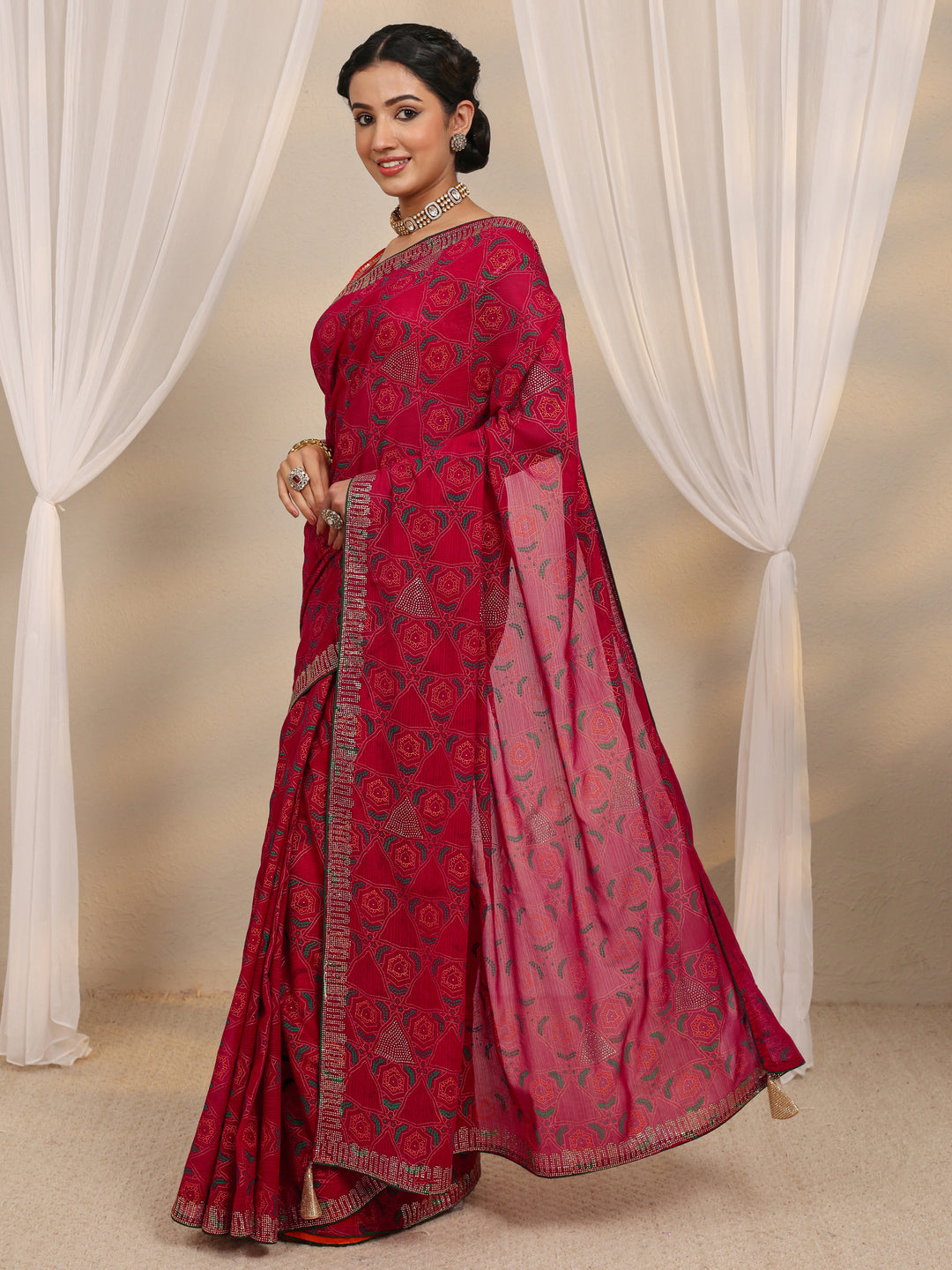  Pink Bandhani Printed Silk Blend Saree With Unstitched Blouse Piece 