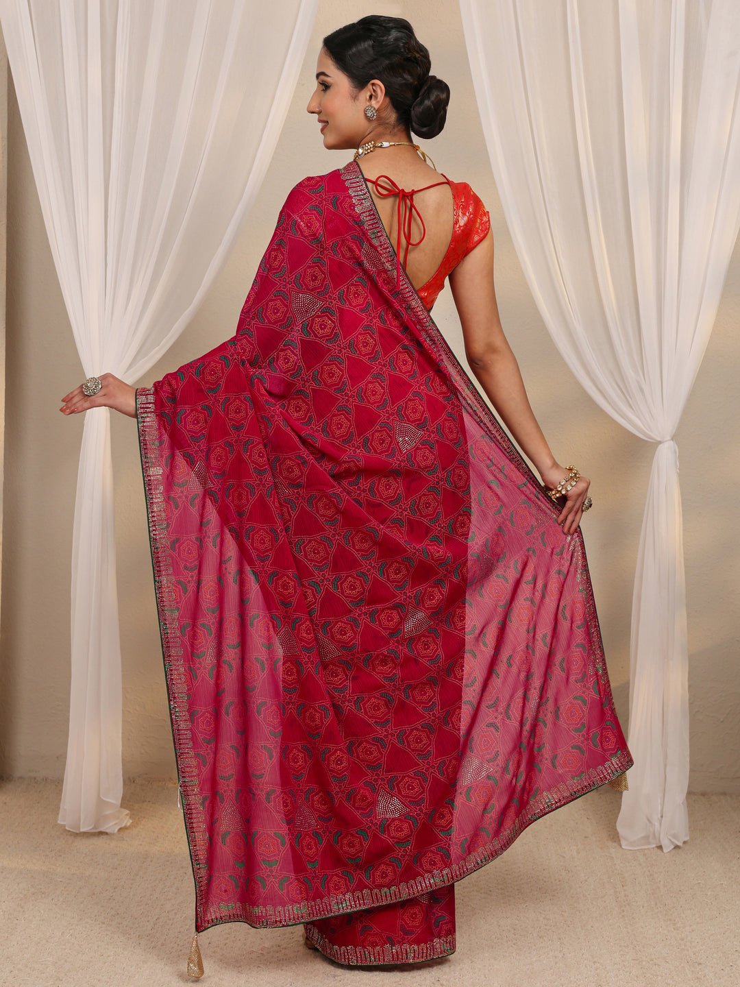  Pink Bandhani Printed Silk Blend Saree With Unstitched Blouse Piece 