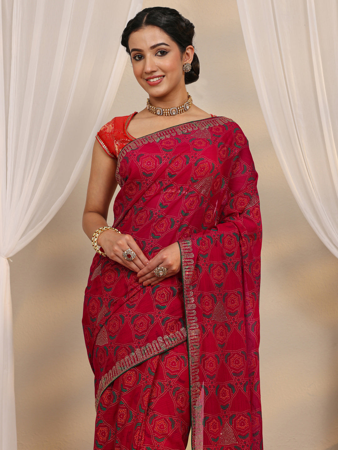  Pink Bandhani Printed Silk Blend Saree With Unstitched Blouse Piece 