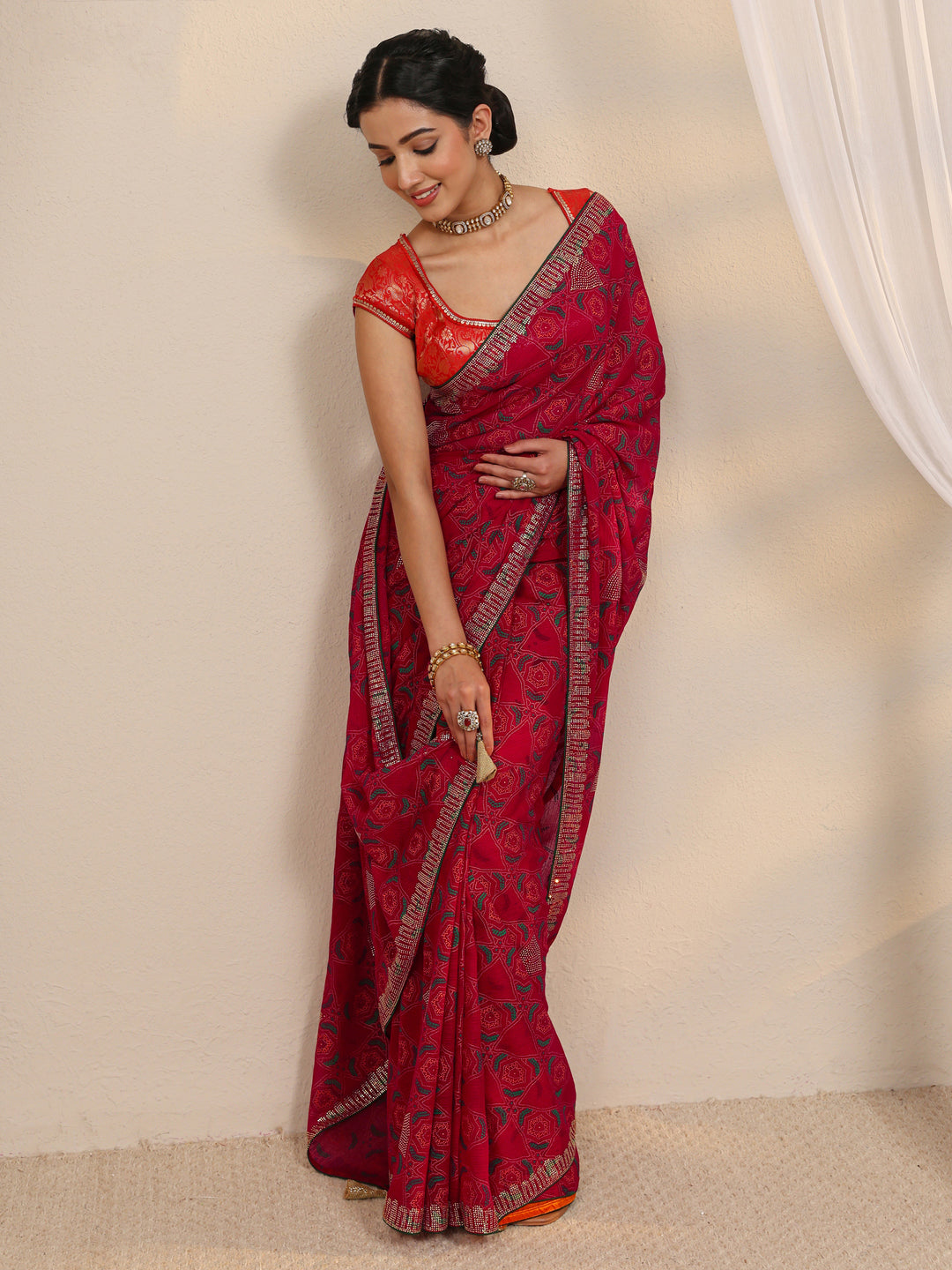  Pink Bandhani Printed Silk Blend Saree With Unstitched Blouse Piece 