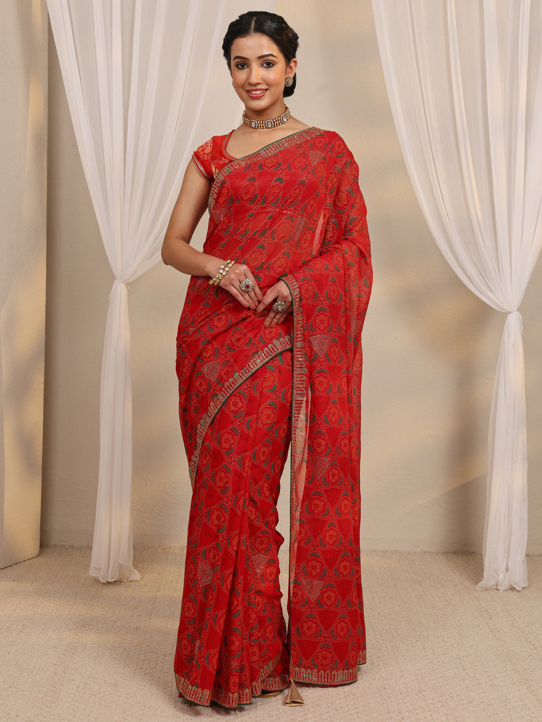  Red Bandhani Printed Silk Blend Saree With Unstitched Blouse Piece 