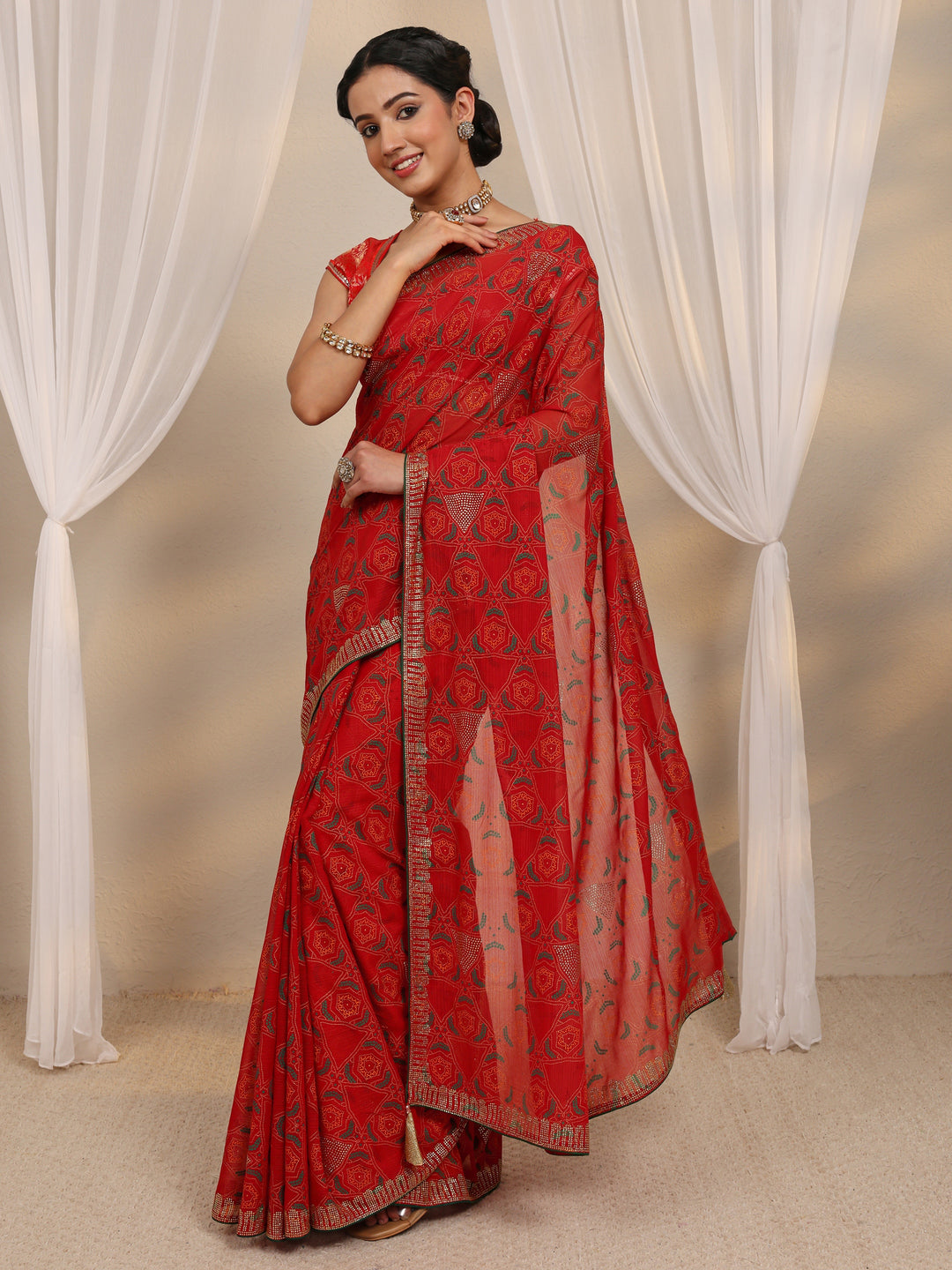  Red Bandhani Printed Silk Blend Saree With Unstitched Blouse Piece 